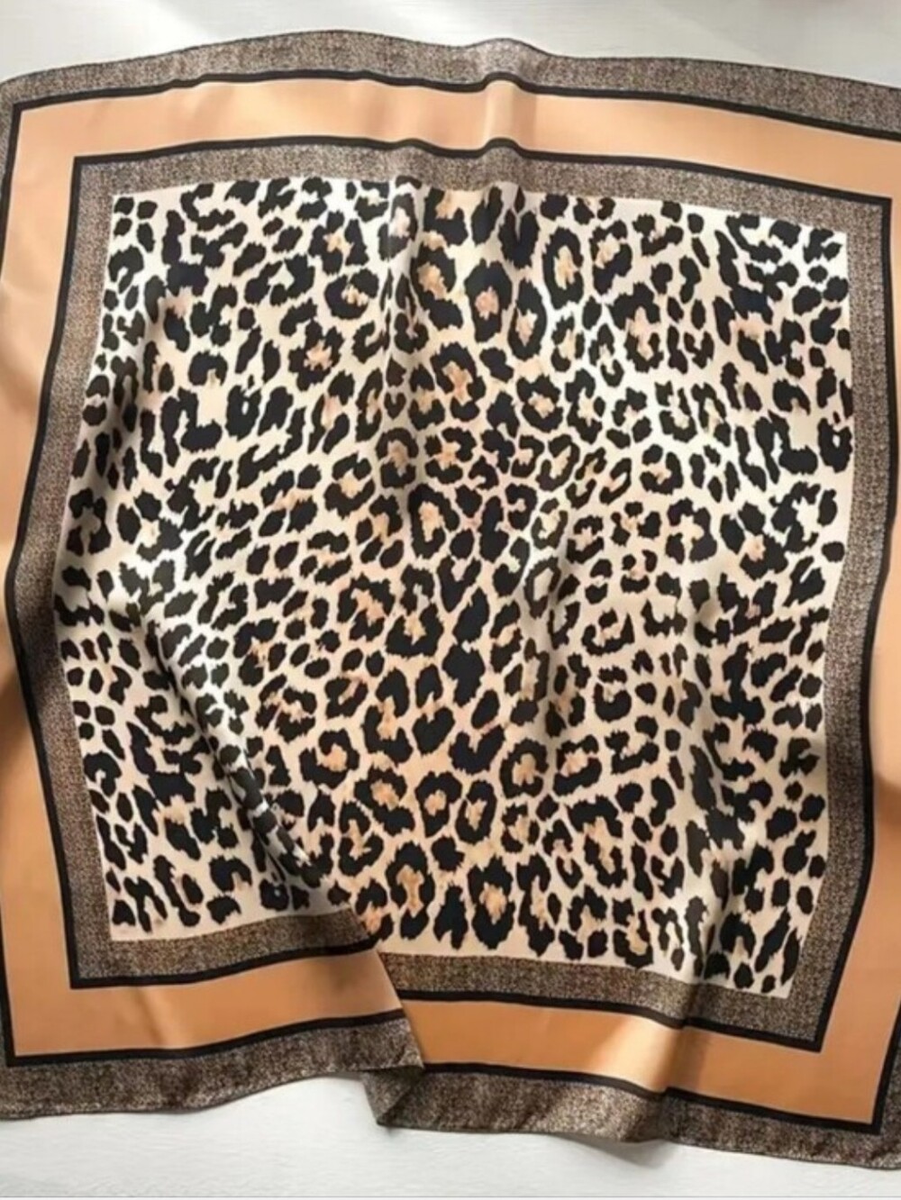 Leopard Print Silk-Feel Square Scarf in Tan and Black